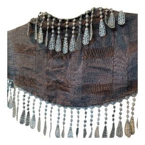 Blue Plaid Triangle Scarf with Lace Fringe